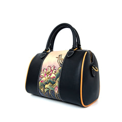 Handmade Lotus Flower Carving Crossbody Boston Bag