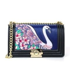 Handmade Leather Swan Carving Crossbody Bag