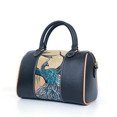 Handmade Peacock Carving Crossbody Boston Bag