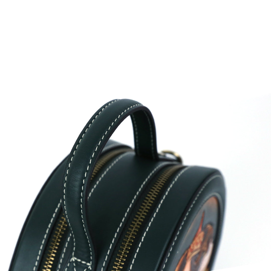 Round Girl Leather Craving Pattern Handmade Crossbody Bag