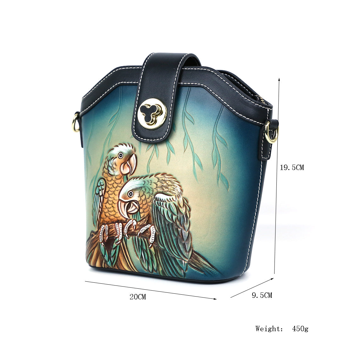 Parrot Leather Carving Pattern Handmade Crossbody Bag