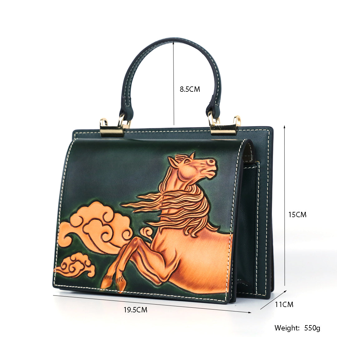Horse Pattern Leather Carving Handmade Bag